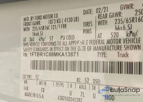 2021 Ford Transit-250 z USA, uszkodzony, nr VIN 1FTBR1C88MKA13871